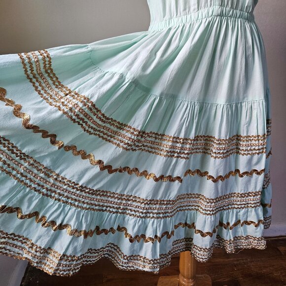 Vintage 50s 60s Blue Gold Patio Siesta Fiesta Squaw Southwestern Dress Medium - Picture 7 of 10